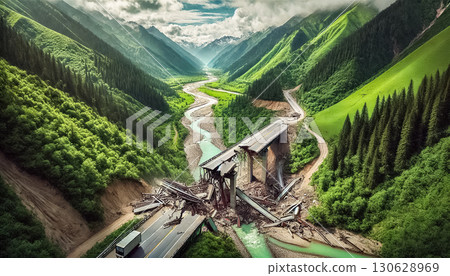 These images capture the destruction of a highway bridge in the middle of a vibrant, green valley. The bridge is broken with debris scattered across the river. The surrounding landscape is rich with 130628969