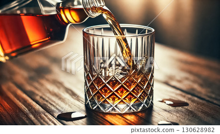 A close-up of whiskey being poured into a detailed crystal glass, capturing the amber hues and the dynamic motion of the liquid. The setting is elegant, with light reflecting beautifully off the 130628982