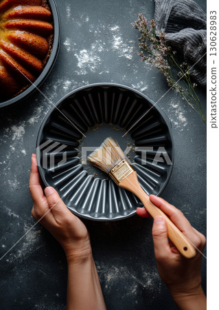 Top-down view of a person preparing a fluted cake pan by brushing it with oil or butter. Flour and a baked bundt cake are nearby. Perfect for illustrating baking tips or recipe instructions. 130628983