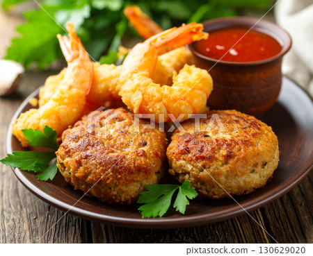 Minced meat cutlet and fried shrimp Minced meat cutlet and fried shrimp 130629020