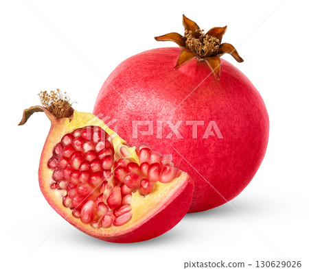 Fresh ripe pomegranate with cut in half isolated. Chunk of pomegranate with clipping path. 130629026