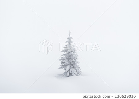 Lonely Frost Covered Fir Tree On Snowy Hill In Fog Lonely Frost Covered Fir Tree On Snowy Hill In Fog 130629030