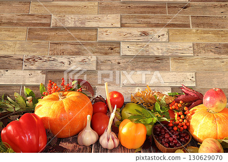 Thanksgiving, autumn background with seasonal autumn nature berries, pumpkins, apples and flowers on a wooden background, top view, copy space, flat lay. Happy Thanksgiving concept, selective focus. 130629070