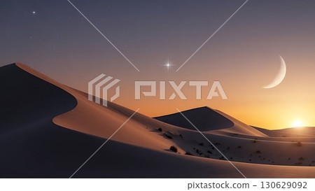 Crescent moon glowing above desert dunes with a bright star. Crescent moon glowing above desert dunes with a bright star. 130629092