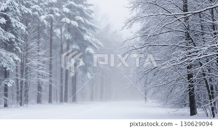 Dense snowy forest with trees covered in white frost. Dense snowy forest with trees covered in white frost. 130629094