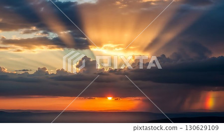 Sunrays shining through clouds above the ocean at sunset. 130629109
