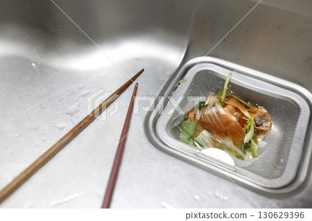 Food waste and drain net in the kitchen sink Food waste and drain net in the kitchen sink 130629396