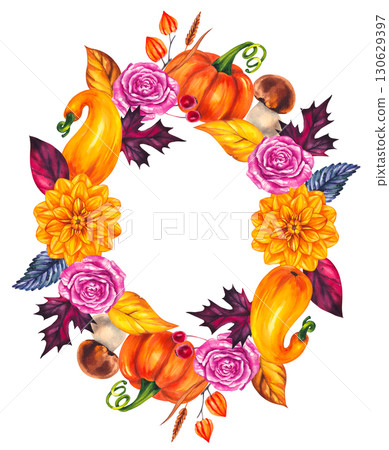 Autumn Watercolor Wreath with Leaves 130629397