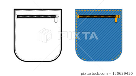Patch Pocket with Zipper Rounded Jeans technical fashion illustration. Flat apparel line template and color. Women, Patch Pocket with Zipper Rounded Jeans technical fashion illustration. Flat apparel line template and color. Women, 130629430