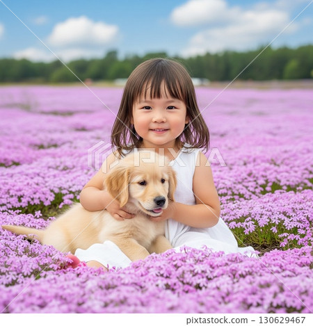 Cute girl interacting with a golden retriever puppy in a pink and white phlox field 130629467
