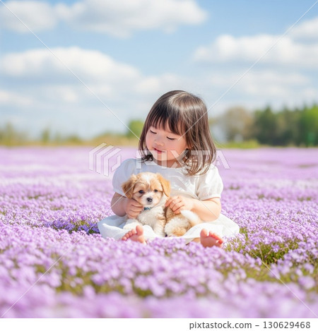 Cute girl interacting with a golden retriever puppy in a pink and white phlox field 130629468