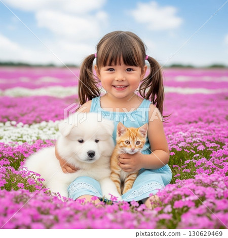 Portrait of a cute smiling girl holding a puppy and kitten in a field of pink moss phlox in full bloom 130629469