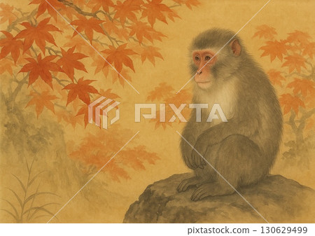 Monkey gazing at autumn leaves 130629499