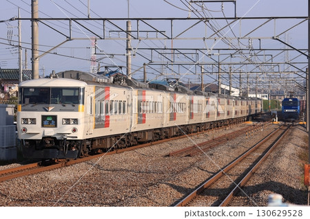 185 series express "Kusatsu-Minakami" and EH200 series freight train passing each other on the Joetsu Line in the early morning. Photo taken on 2010/11/28 130629528
