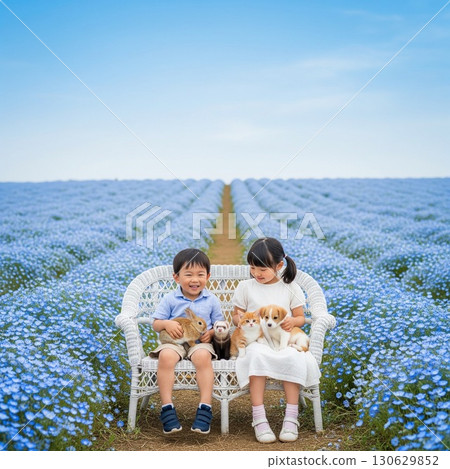 一對男孩和女孩在藍色的粉蝶田裡抱著一隻白色的小貓,露出燦爛的笑容 一對男孩和女孩在藍色的粉蝶田裡抱著一隻白色的小貓,露出燦爛的笑容 130629852