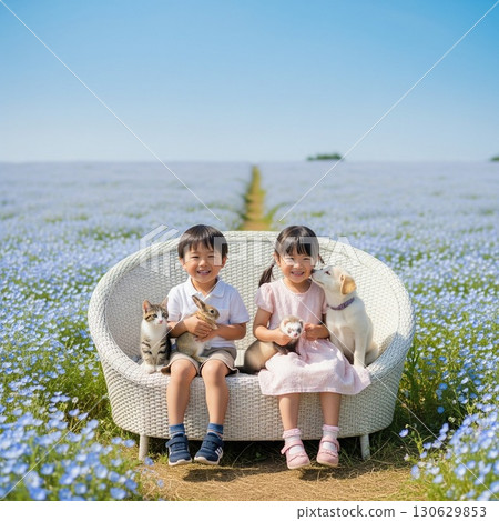 A boy and girl holding a white kitten and showing big smiles in a blue nemophila field A boy and girl holding a white kitten and showing big smiles in a blue nemophila field 130629853