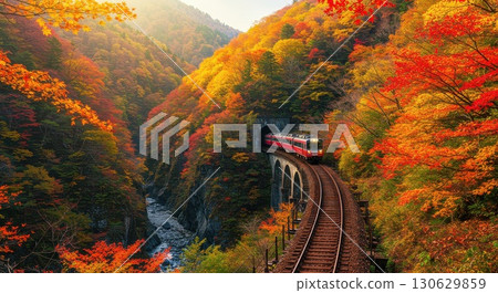 A train running through the mountains with autumn leaves A train running through the mountains with autumn leaves 130629859
