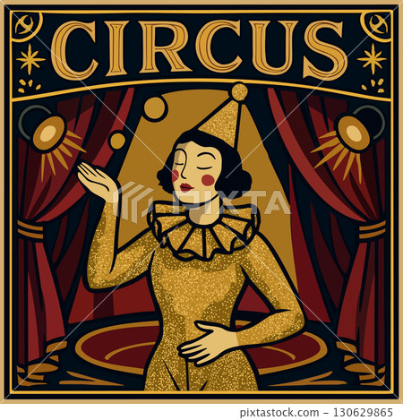 Circus retro poster. Vector illustration with dreamy female clown 130629865