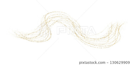 Dynamic golden waves with small particles. Abstract liquid flow elegant golden curved dashed gradient, dotted fluid line gold background, luxury design texture. Vector illustration 130629909