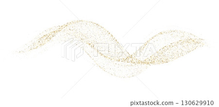 Gold liquid particle wave with abstract glow. Abstract fluid flow elegant golden curved dashed gradient, dotted texture. Holiday shine for vector luxury design background, Christmas illustration 130629910