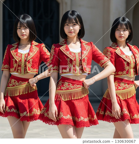 一群身著偶像服裝的女子在粉紅色花田中擺姿勢。卡門。充滿激情的服裝。很酷。 一群身著偶像服裝的女子在粉紅色花田中擺姿勢。卡門。充滿激情的服裝。很酷。 130630067