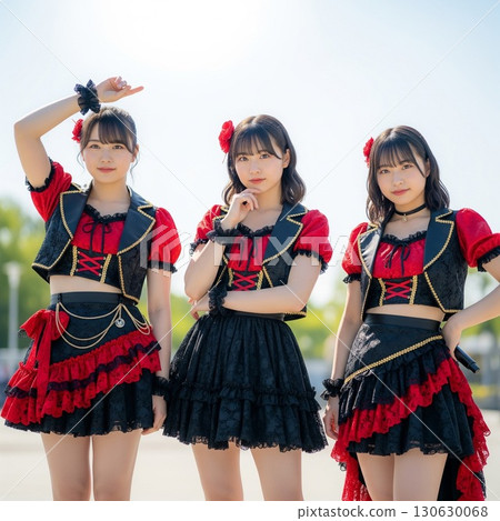 A group of women in idol costumes posing in a pink flower field. Carmen. Passionate costumes. Cool. 130630068