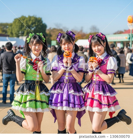 Halloween cat ear costumes. Two friendly girls posing with smiles. Idol costume design. 130630070