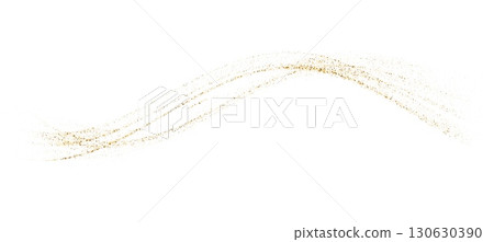 Gold particle confetti stripe wave dust and glitter. Abstract liquid flow elegant golden curved dashed gradient, dotted fluid line texture. Vector illustration 130630390