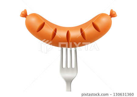 Vector 3d Realistic Grilled Sausage on Fork, Isolated. Cooked Sausage with Grill Cuts for BBQ Menu, Picnic Food, Meat Product Design, Restaurant Icon, Butcher Branding, Culinary Concept, Packaging 130631360