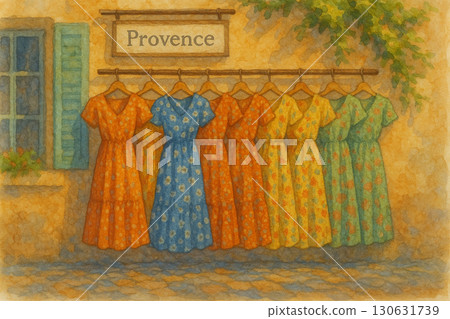 普羅旺斯街角掛著彩色碎花洋裝的夏日風景插畫 130631739