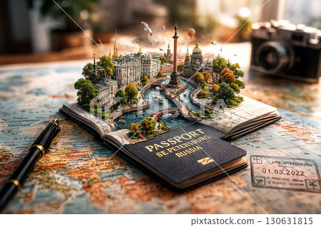 AI generated photo of open passport on world map with miniature St Petersburg landmarks rivers and culture in detailed 3D diorama concept for travel inspiration creativity imagination 130631815
