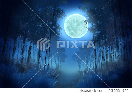A fantastic landscape painting surrounded by a blue full moon and bamboo forest 130631951