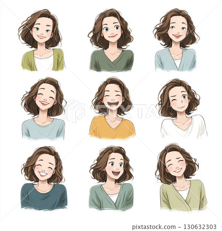 A collection of colorful and expressive female character illustrations 130632303