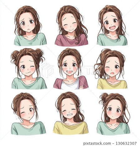 Illustrations of anime-style female characters expressing various emotions 130632307