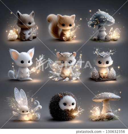 Fantasy illustration of glowing, fantastical forest animals 1 130632356