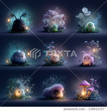 Fantasy illustration material 2 of glowing, fantastical forest animals 130632357