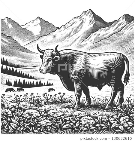 Argentine bull with mountains engraving vector 130632610