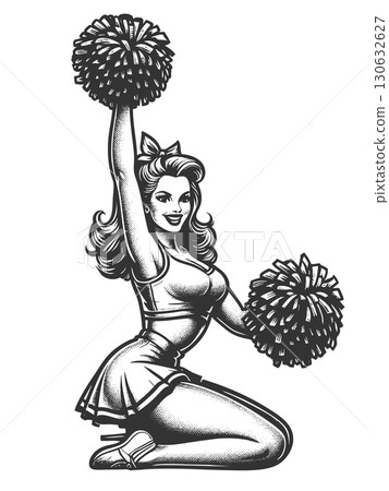 Pin-Up Style Cheerleader engraving sketch vector 130632627