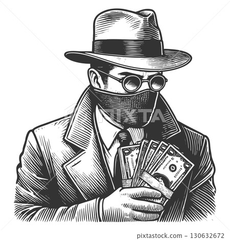 Masked Criminal Holding Cash vector illustration 130632672