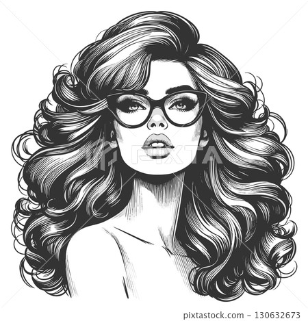 Woman Glasses and Voluminous Hair engraving vector 130632673