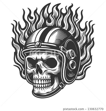 Flaming Skull Wearing Motorcycle Helmet vector 130632770