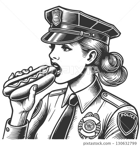 Policewoman Eating a Hot Dog engraving vector 130632799