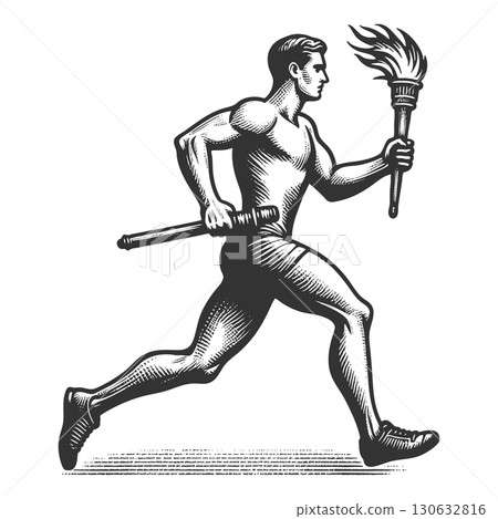 Runner Carrying Flaming Torch engraving vector 130632816