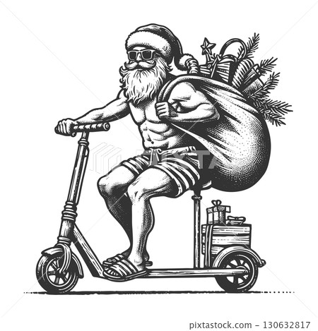 Santa Claus Riding Scooter in Swim Trunks vector 130632817