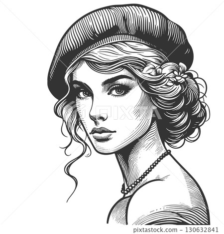 Elegant French Woman in Beret and Scarf vector 130632841