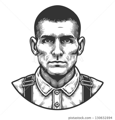 serious prisoner engraving vector illustration 130632894