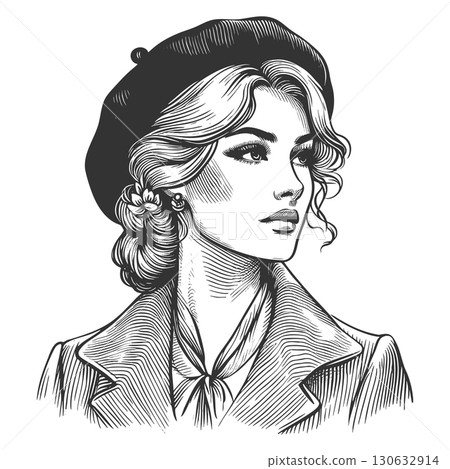 Elegant French Woman in Beret and Scarf vector 130632914