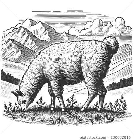 Grazing Llama Mountain Landscape engraving vector 130632915