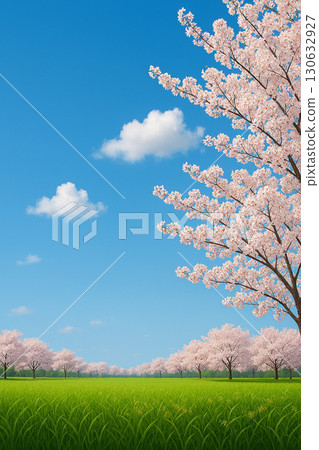 Spring meadow scenery with cherry blossoms in full bloom and blue skies 130632927