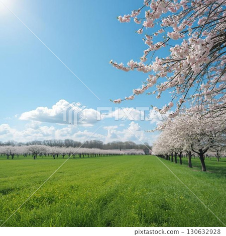 Spring meadow scenery with cherry blossoms in full bloom and blue skies 130632928